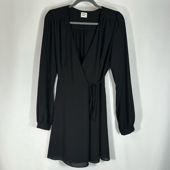 Sunday Best Black Chiffon Long Sleeve Front Wrap Dress - Picture 1 of 10